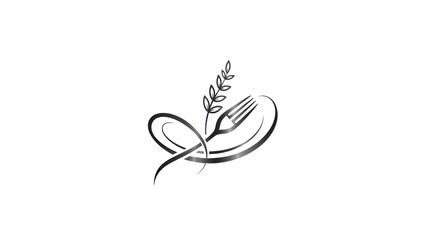 Sophisticated monochromatic emblem featuring a fork, plate, and botanical sprig for dining concepts