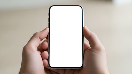 Close-up of Hands Holding a Modern Smartphone with Blank White Screen Mockup for App or Website Display
