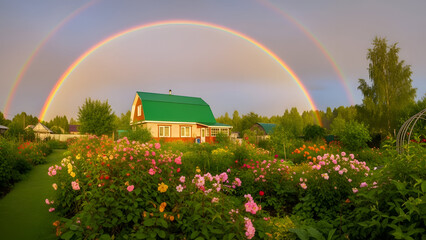 Country house with green roof and lush garden in foreground, double rainbow arching over sky after rain. Flowering plants and bushes, rural atmosphere is enhanced by soft lighting, perspective