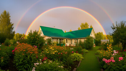 Country house with green roof and lush garden in foreground, double rainbow arching over sky after rain. Flowering plants and bushes, rural atmosphere is enhanced by soft lighting, perspective