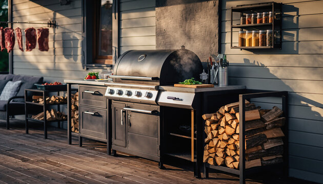 Modern outdoor grilling and entertainment area featuring a sophisticated barbecue smoker, ample firewood storage, and comfortable lounge seating for delightful al fresco dining and summer gatherings - Powered by Adobe