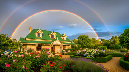 Country house with green roof and lush garden in foreground, double rainbow arching over sky after rain. Flowering plants and bushes, rural atmosphere is enhanced by soft lighting, perspective