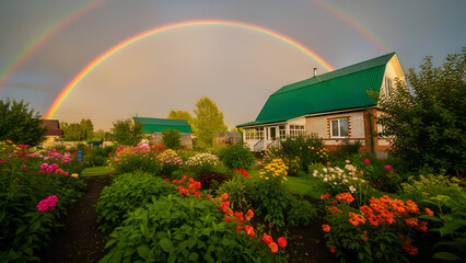 Country house with green roof and lush garden in foreground, double rainbow arching over sky after rain. Flowering plants and bushes, rural atmosphere is enhanced by soft lighting, perspective
