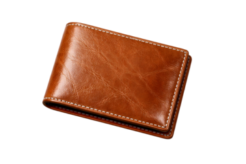 Premium brown leather wallet with stitched on transparent background