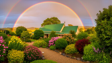 Country house with green roof and lush garden in foreground, double rainbow arching over sky after rain. Flowering plants and bushes, rural atmosphere is enhanced by soft lighting, perspective