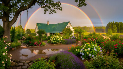Country house with green roof and lush garden in foreground, double rainbow arching over sky after rain. Flowering plants and bushes, rural atmosphere is enhanced by soft lighting, perspective