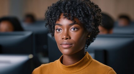 A focused young woman with curly hair, wearing a rust-colored sweater, appears thoughtfully engaged in a modern learning environment.