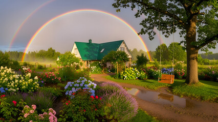 Country house with green roof and lush garden in foreground, double rainbow arching over sky after rain. Flowering plants and bushes, rural atmosphere is enhanced by soft lighting, perspective