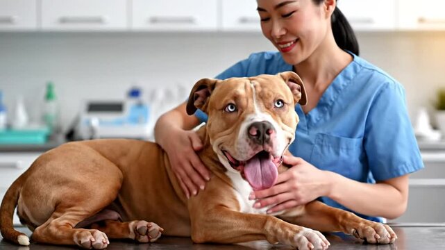 Veterinarian in blue scrubs gives a friendly dog with beautiful blue eyes a medical examination and scratches its head