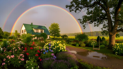 Country house with green roof and lush garden in foreground, double rainbow arching over sky after rain. Flowering plants and bushes, rural atmosphere is enhanced by soft lighting, perspective