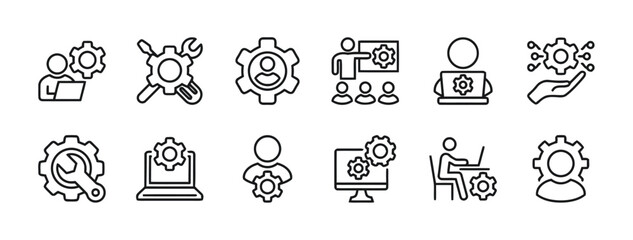outline icons representing technical support IT services user assistance customization and system configuration with people computers and tools