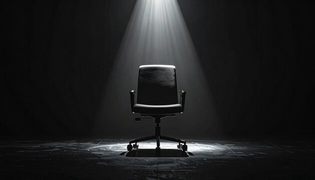A single office chair illuminated by a dramatic spotlight in a dark, empty room, creating a sense of focus and mystery.