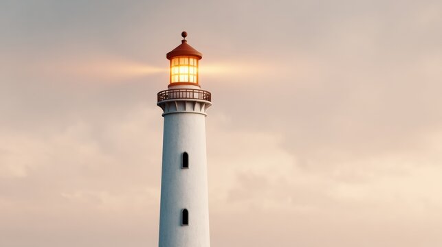 A tall lighthouse emits light against a cloudy sky, serving as a guiding beacon for ships navigating coastal waters.