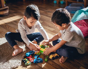 Children playing together with toys on the floor, representing social interaction, teamwork and learning through play.