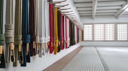 Colorful Martial Arts Belts Lined in Dojo