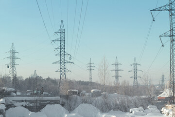 Winter landscape. Power transmission lines