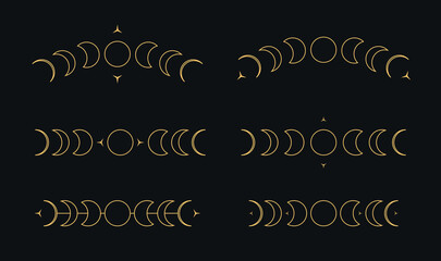 Geometric moon phase vector set with elegant golden crescent moon cycle symbols on dark background, mystical celestial lunar calendar minimalist astrology elements perfect for spiritual design
