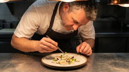 Professional chef meticulously places garnish on delicate gourmet dish using tweezers