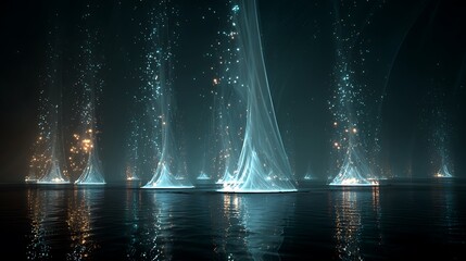 modern futuristic energy fountains emitting glowing particles
