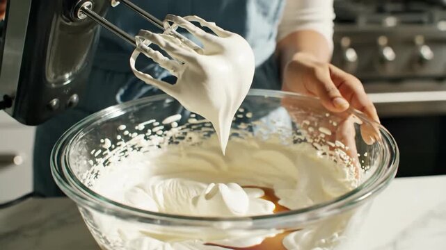 Woman using hand mixer in transparent bowl preparing ingredients in kitchen setting