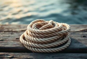 Fototapeta premium Coiled rope on wooden dock against water