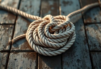Obraz premium Coiled rope on weathered wooden planks, textured light