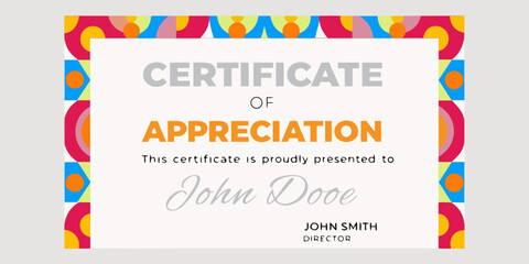 A colorful certificate of appreciation presented to john doe by john smith