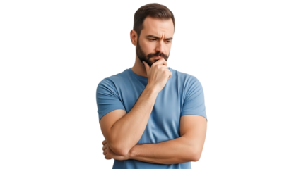 man in blue tshirt thinking with hand on chin and crossed arms on white background