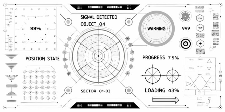 Futuristic radar display showing signal detection object tracking and system status