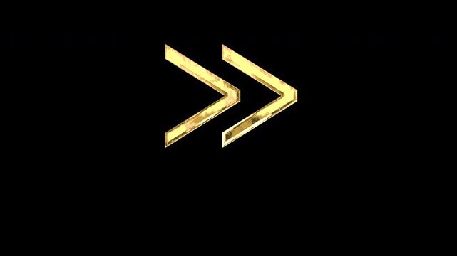 Gold right-pointing double angle quotation mark, light reflecting and patterns shifting, alpha channel