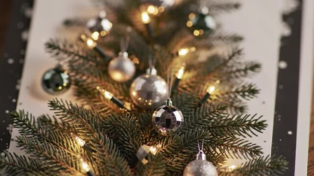 A close-up view of a decorated Christmas tree branch with silver ornaments and warm string lights on a white background