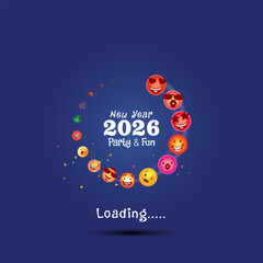 Fototapeta premium Modern minimal New Year 2026 party and fun loading countdown concept with funny emoji face and shiny confetti. 