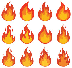 Set of fire flame, bonfire, campfire. Vector illustration.