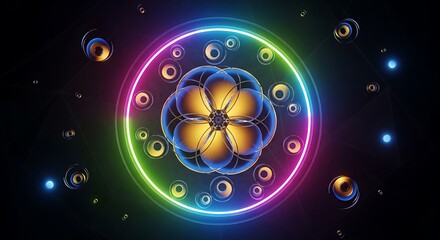 Neon geometric flower mandala with glowing rings and light circles
