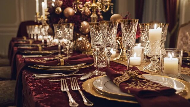 Elegant candlelit dinner table setting with glassware and plates.