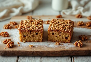 Fototapeta premium Nutty cake squares on wood dusted with flour