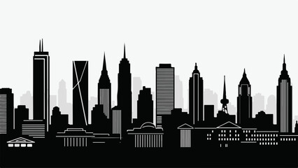 Modern cityscape silhouette with diverse skyscrapers under a clear sky