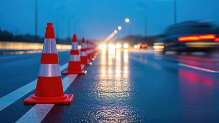 Traffic cones lined along a wet highway at dusk, with blurred headlights of vehicles creating a dynamic scene of congestion and road safety measures in action