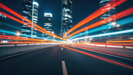 Highway traffic at night with blurred lights from vehicles creating dynamic motion, showcasing urban life and the concept of traffic jams in a bustling city environment