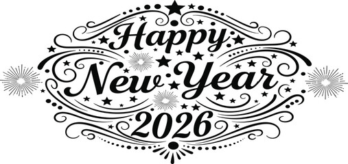 Ornate 2026 Happy New Year typography with intricate black swirls, stars, and decorative flourishes on a white background for festive celebration. © Nowshad
