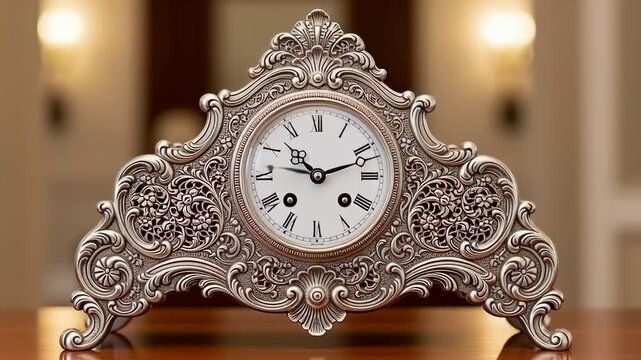 Antique Silver Clock Displayed on a Wooden Table with Ornate Design.