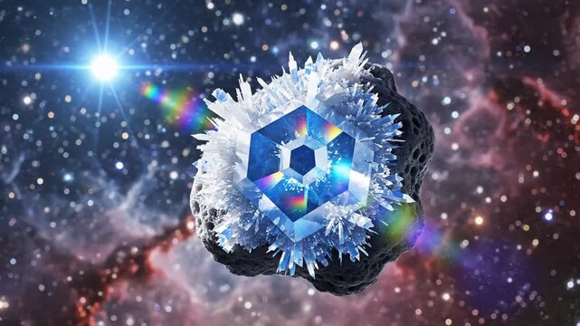 Futuristic Ice Cube Floating In Space Nebula.