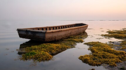 A weathered abandoned wooden boat rests on a shore covered in golden seaweed during a serene misty sunrise or sunset