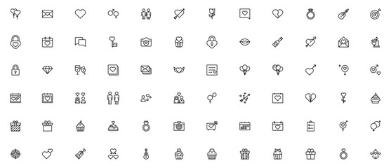 Minimalist love and romance themed line icons for valentine's day and dating apps