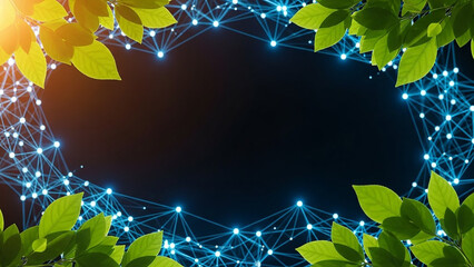 Vibrant Green Leaves Frame a Futuristic Network of Glowing Blue Dots and Lines, Representing Growth and Connection in a Digital Age
