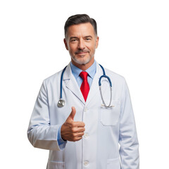 Fototapeta premium Confident male doctor giving a thumbs up isolated on transparent background