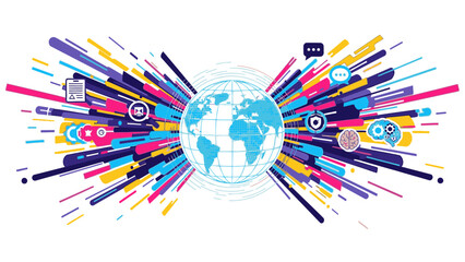Vibrant illustration of a globe surrounded by colorful, dynamic lines and icons, symbolizing global geopolitics and security concerns in a modern, abstract style.