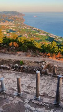 Ruins of the ancient Roman port city of Siedra in Alanya, Antalya, Turkey. The street and ruins of the ancient abandoned ancient city of Siedra on the Mediterranean coast. 4К