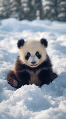 Cute panda cub in snow