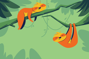 Naklejka premium Cute Sloth Illustration Sleeping on Tree Branch in Flat Vector Style